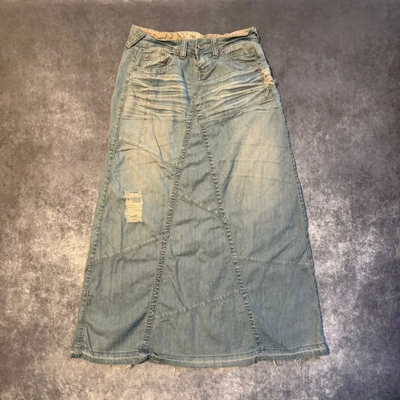 Y2K YNQ Women Blue Denim Maxi Skirt Size 3 Distressed Patchwork Boho Long Skirt - Picture 1 of 7